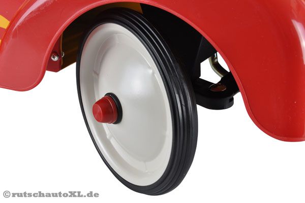 Gummierte Räder, drinnen und draußen geeignet.