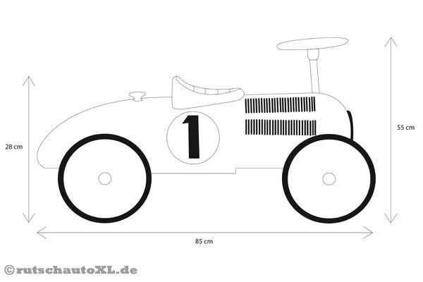 Skizze mit Abmessungen des Oldtimer Spielautos.