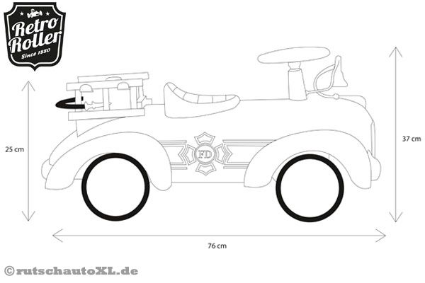 Skizze mit Abmessungen des Retro Roller Sam Feuerwehr.